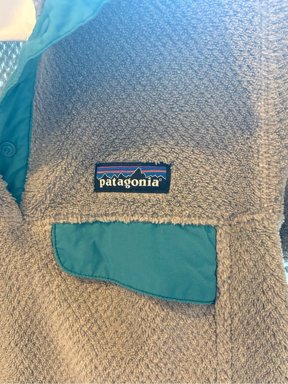 Women’s Patagonia' gray fleece pullover with teal accents.
